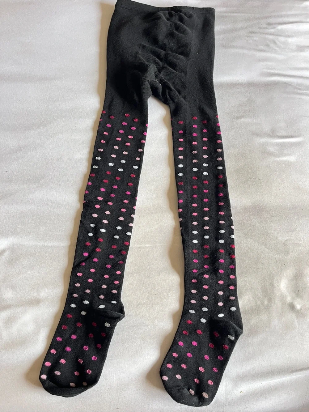 Black Pink Polka Dot Knit Tights Girls Size 12-14 Cotton Blend Stretch Stockings